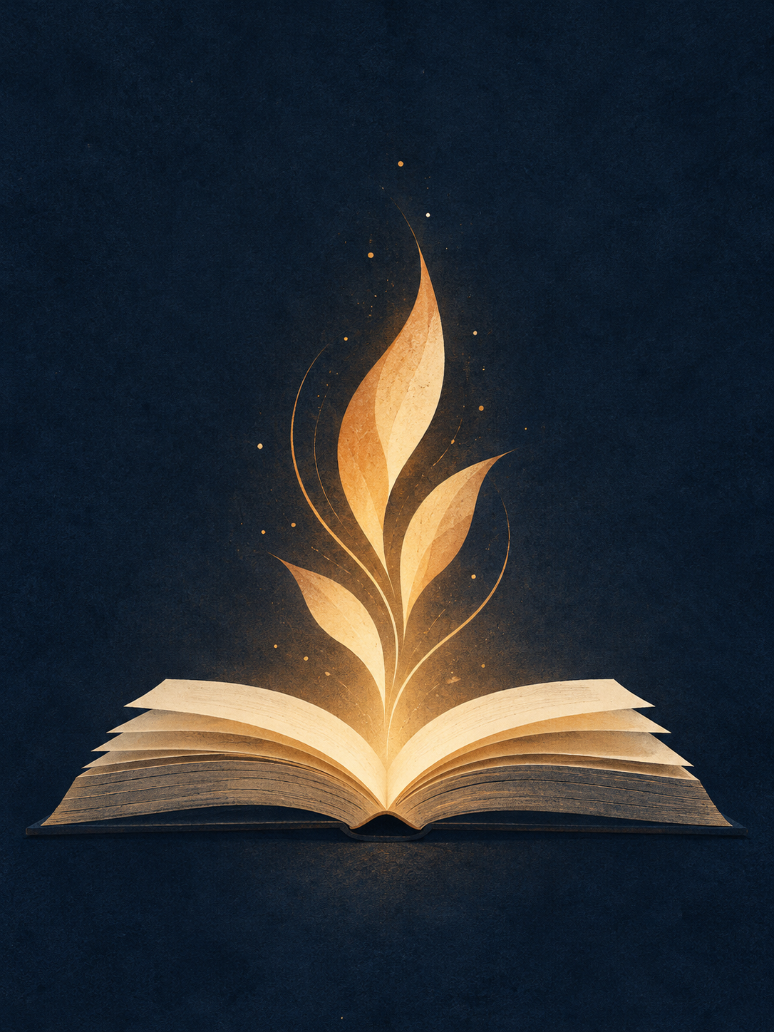 Ilustração editorial do DISCIPULAB: livro aberto com folhas douradas em crescimento, sobre fundo azul-marinho.
