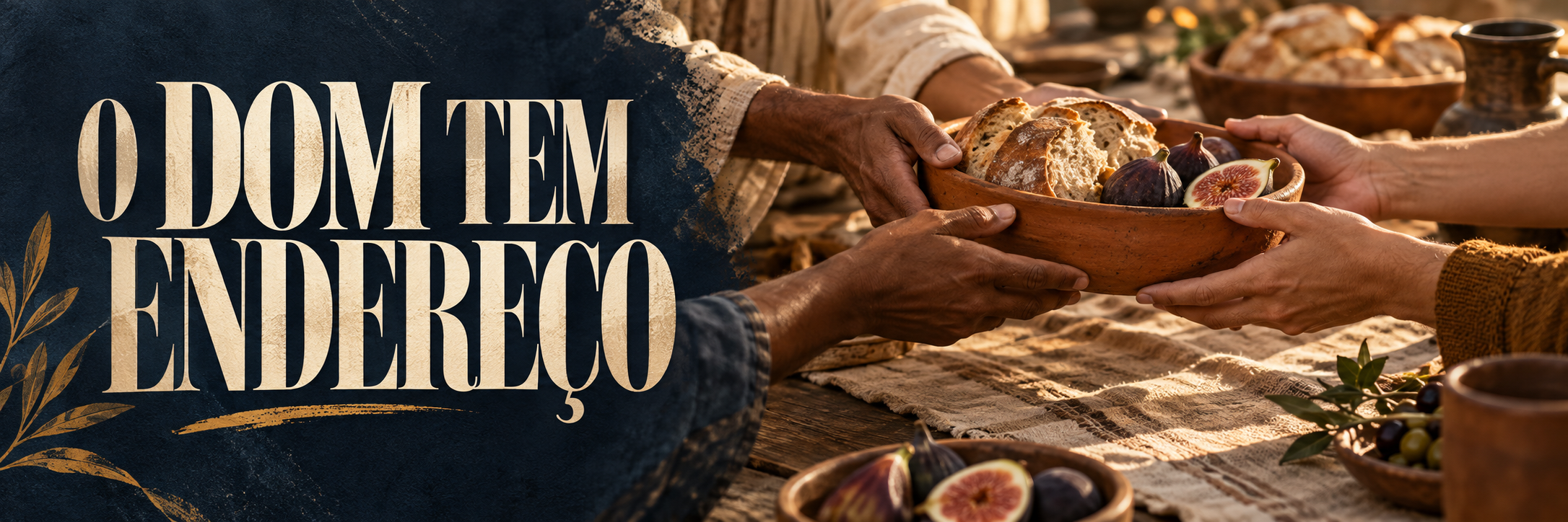 Mãos passam uma tigela com pão e figos em uma mesa compartilhada, com a frase ‘O dom tem endereço’.