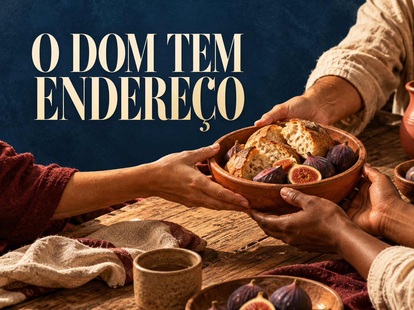 Mãos passam uma tigela com pão e figos em uma mesa compartilhada, com a frase ‘O dom tem endereço’.