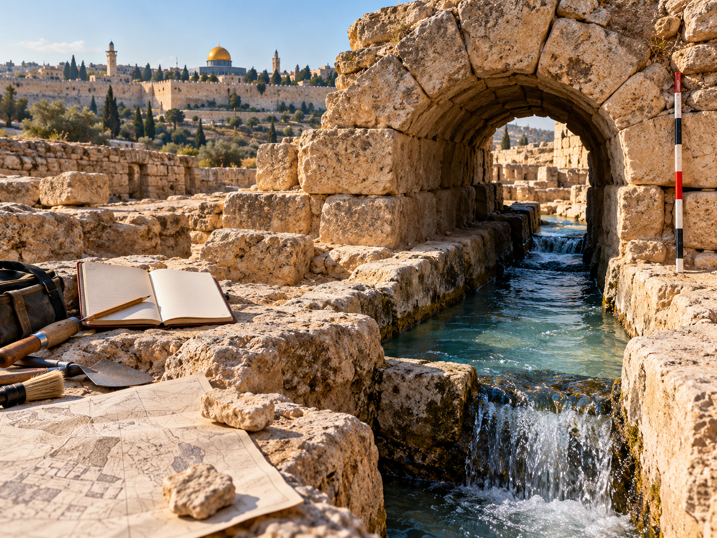 Ilustração editorial de um aqueduto de pedra em Jerusalém, com água e fragmentos de mapa arqueológico.