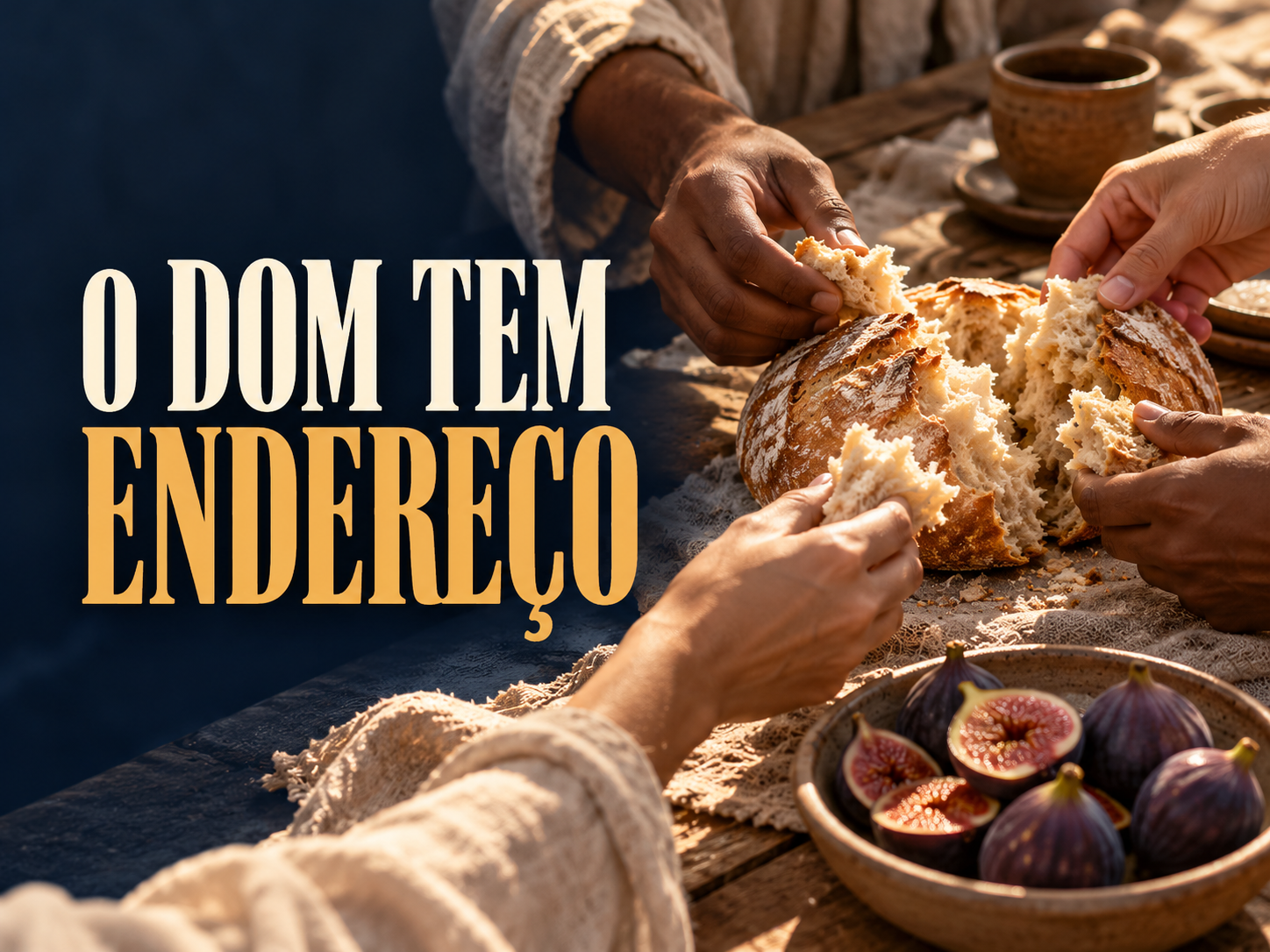 Mãos passam uma tigela com pão e figos em uma mesa compartilhada, com a frase ‘O dom tem endereço’.