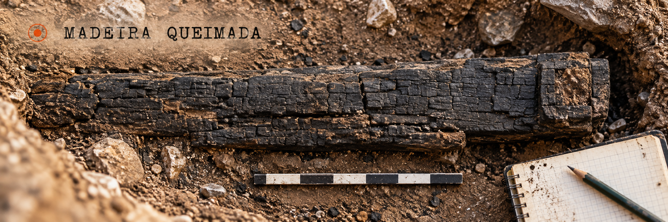 Fragmento simbólico de madeira carbonizada e pincel de pesquisa; composição editorial, não fotografia do achado.