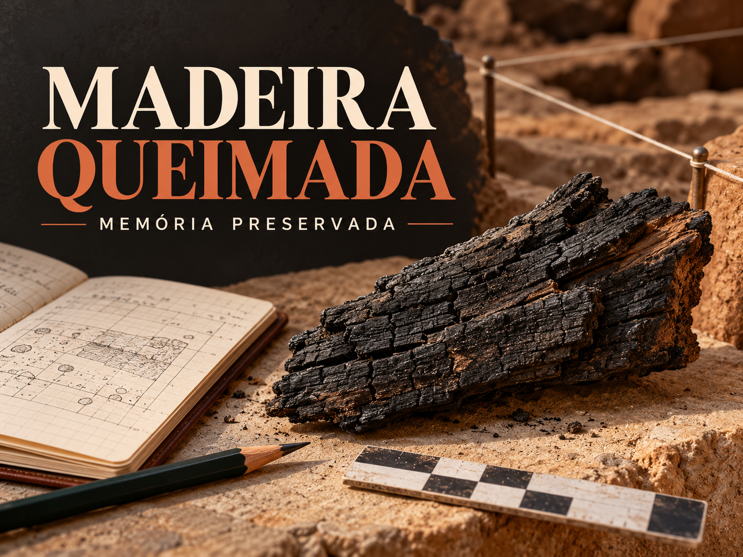 Fragmento simbólico de madeira carbonizada e pincel de pesquisa; composição editorial, não fotografia do achado.