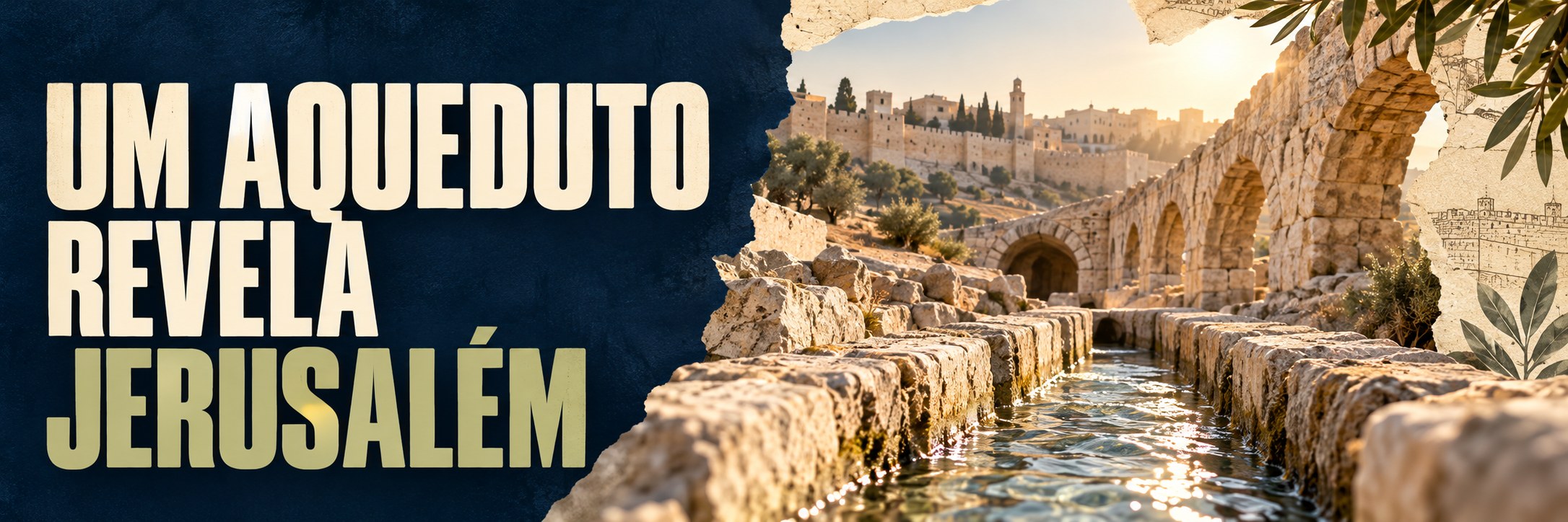 Ilustração editorial de um aqueduto de pedra em Jerusalém, com água e fragmentos de mapa arqueológico.