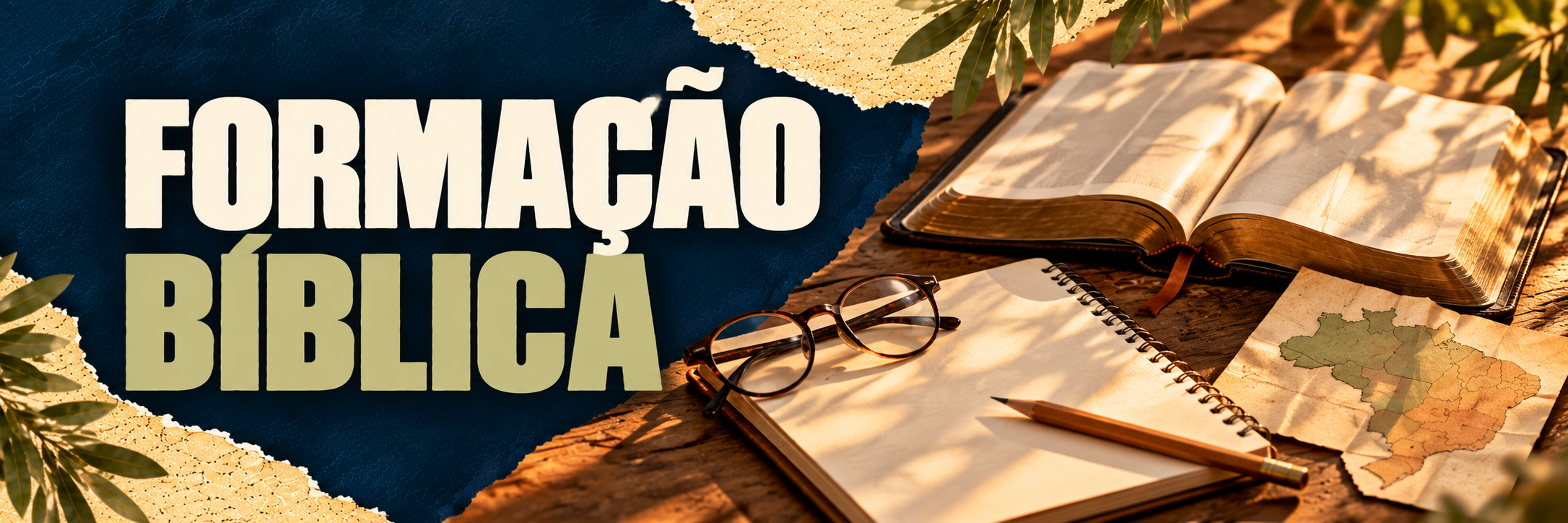 Ilustração editorial de Bíblia, caderno, óculos e mapa do Brasil sobre uma mesa de estudo.