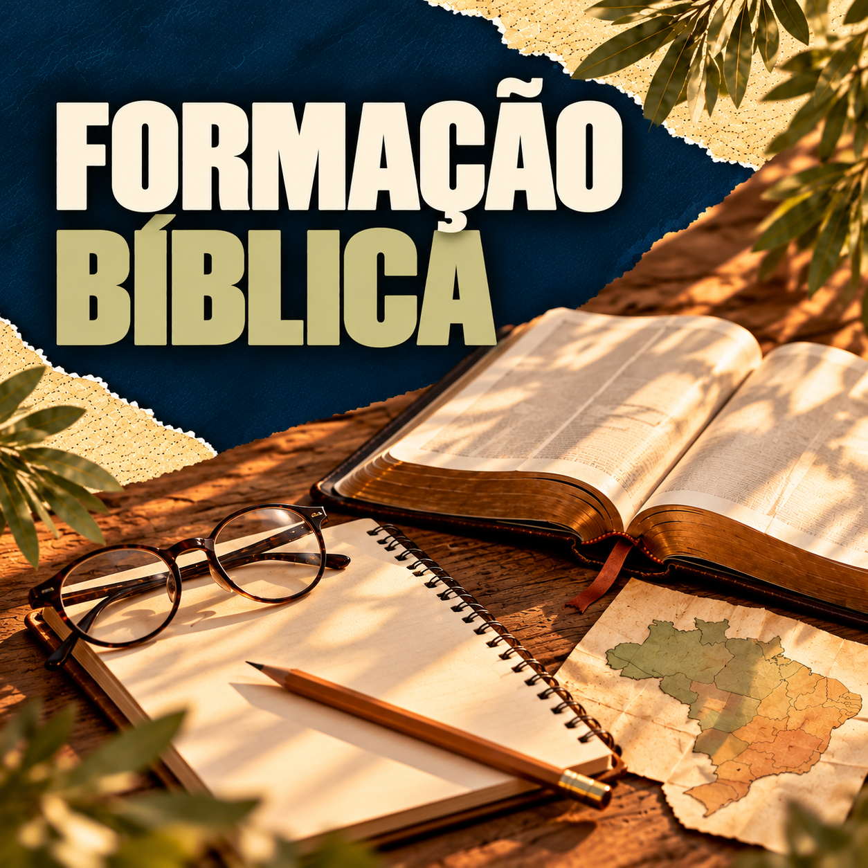 Ilustração editorial de Bíblia, caderno, óculos e mapa do Brasil sobre uma mesa de estudo.