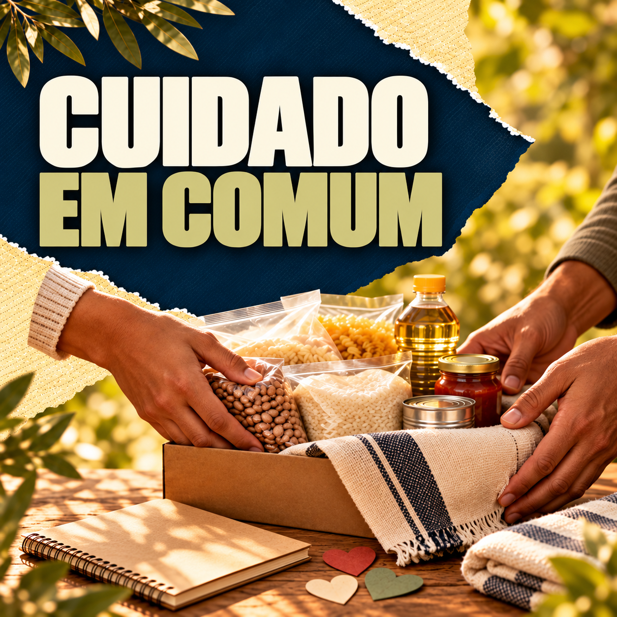 Ilustração editorial de mãos organizando uma cesta de alimentos.