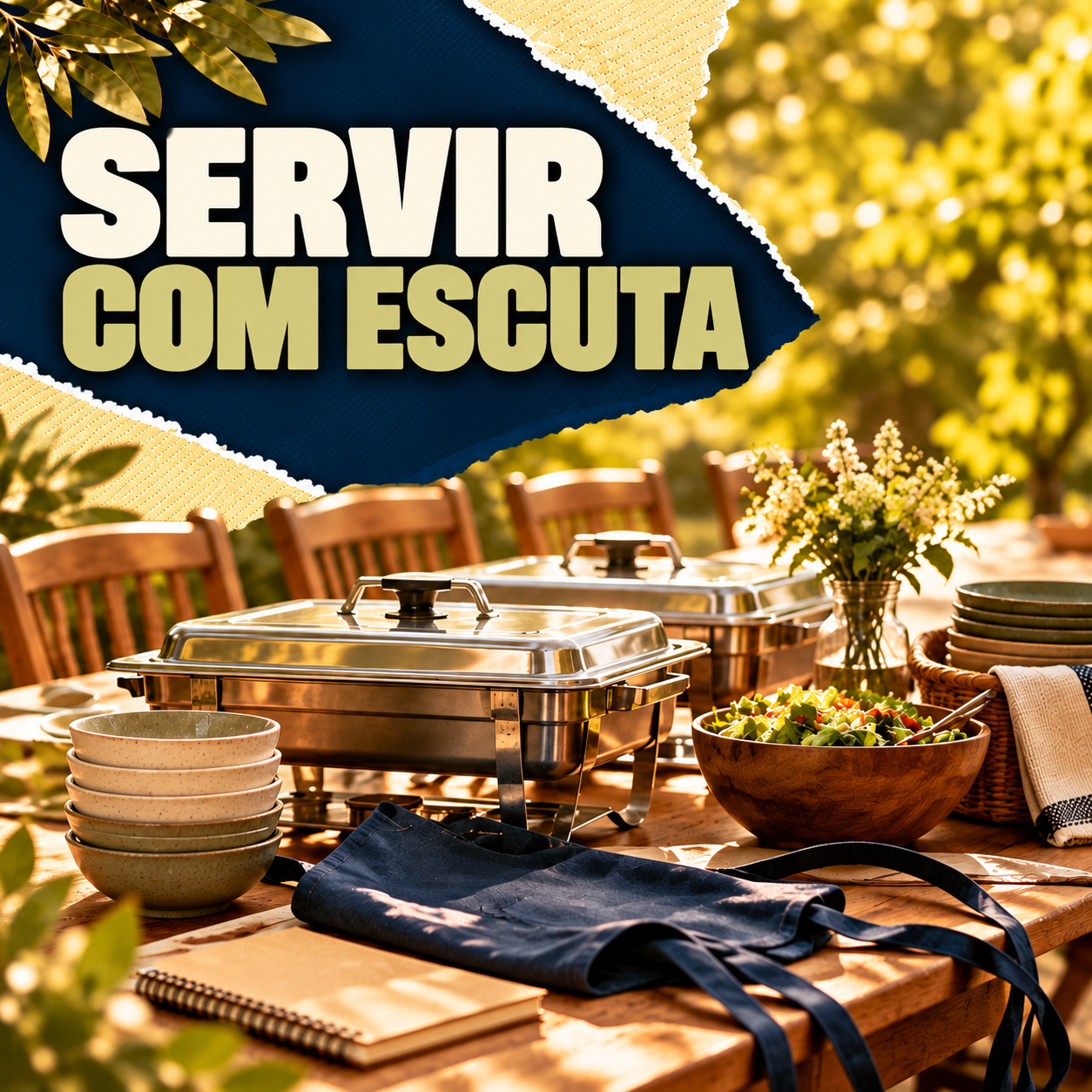 Ilustração editorial de bandejas, tigelas e cadeiras em espaço de serviço comunitário.